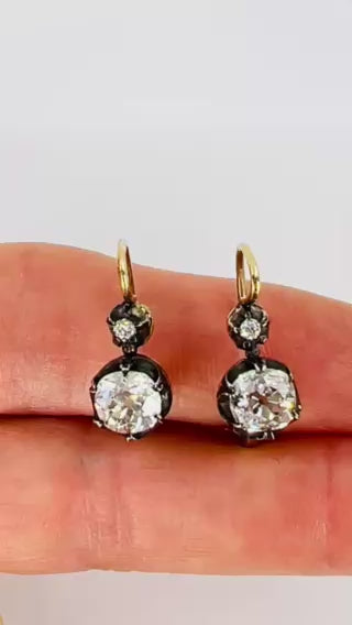 Victorian 14k Gold Silver Two-Stone Diamond Earrings Old Mine Cut, Antique