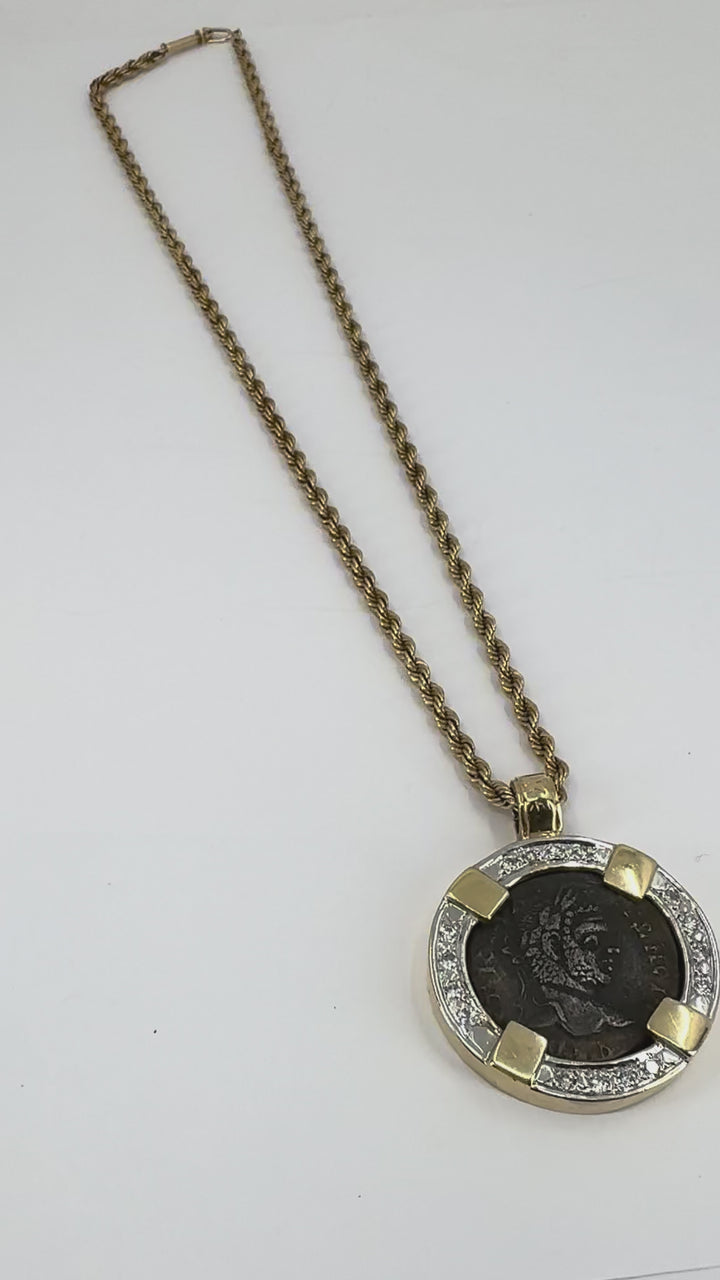Vintage 14k Gold Diamond Ancient Coin Pendant Necklace