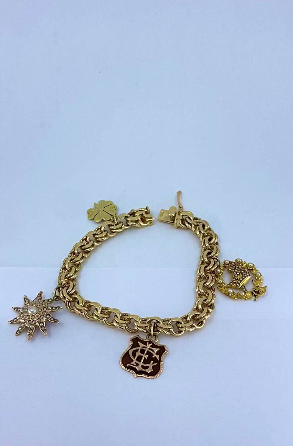 Victorian 14k Gold  Link Bracelet  Enamel Pearl & Engraved Charms