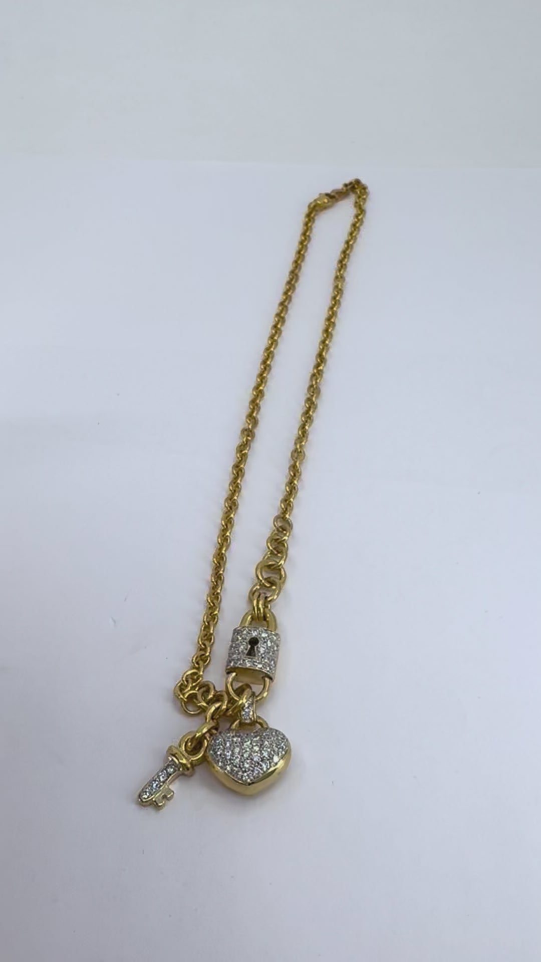Vintage 18k Gold Diamond Heart Lock Key Pendant Necklace