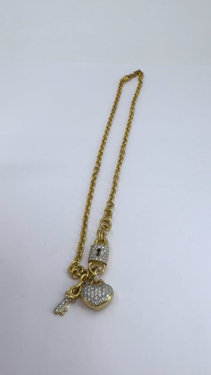 Vintage 18k Gold Diamond Heart Lock Key Pendant Necklace