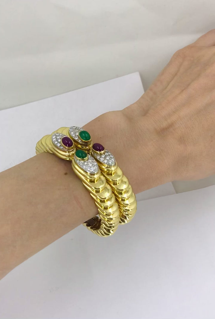 David Webb Pair of 18k Gold Bracelets Platinum Diamond Gemstone Cabochons