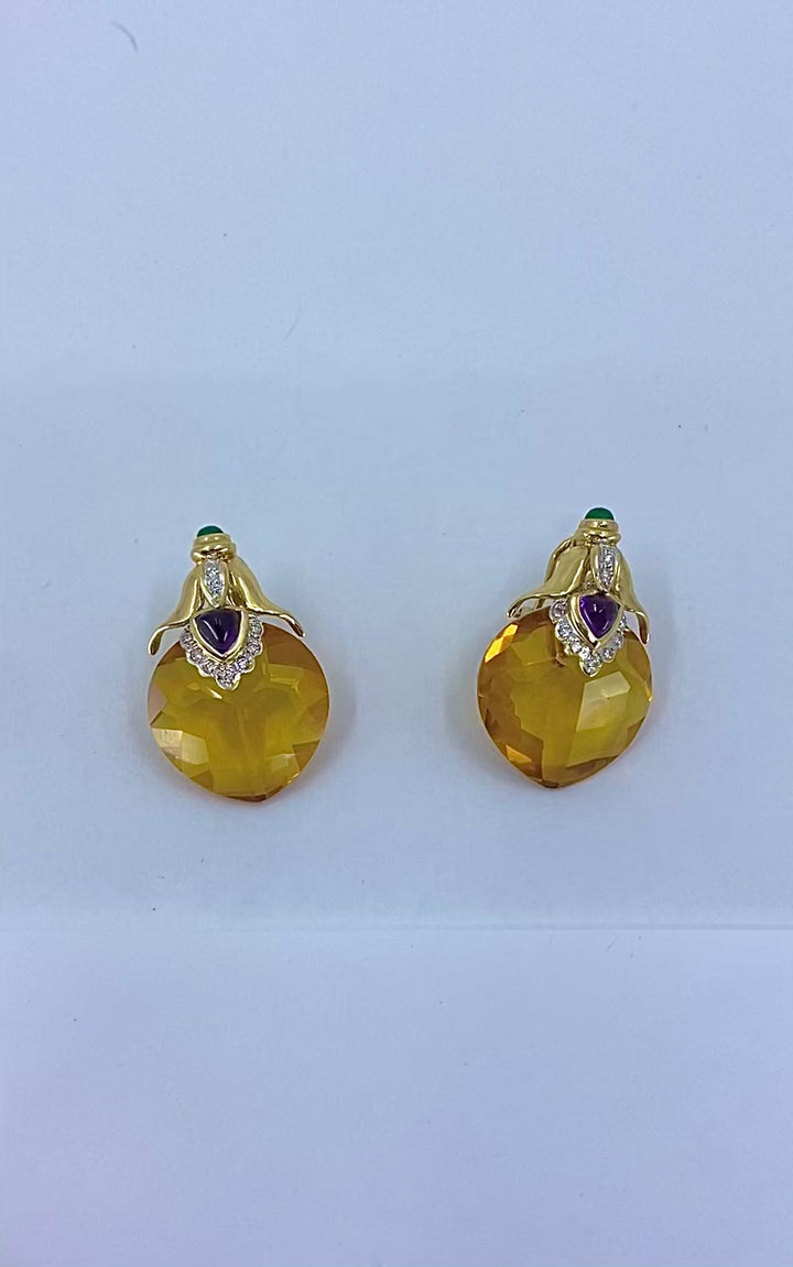 Vintage 18k Gold Citrine Heart Multi-Gemstone Earrings
