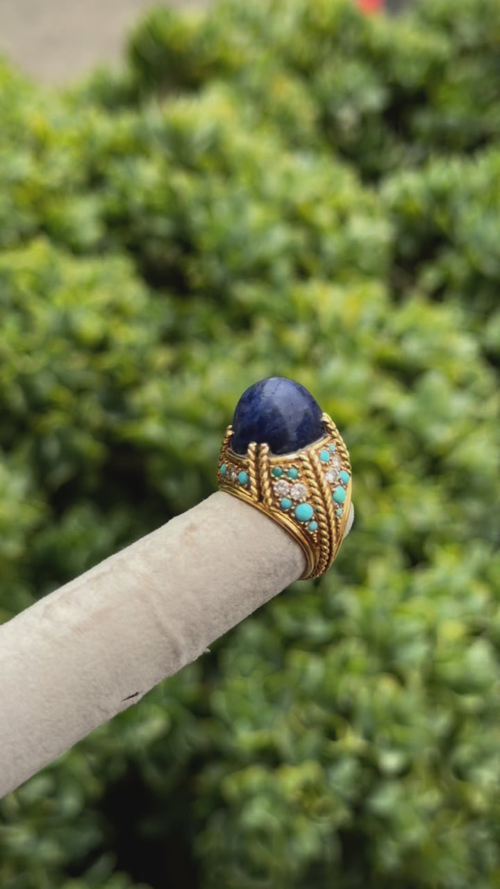 Tiffany & Co. 18k Gold Sodalite Turquoise Diamond French Ring