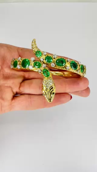 Vintage Snake Bangle Bracelet Gold Emerald Diamonds Estate Jewelry