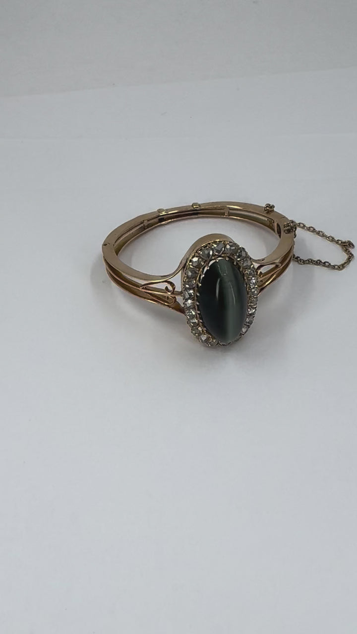 Antique Victorian Gold Diamond Cat's Eye Clamper Bracelet