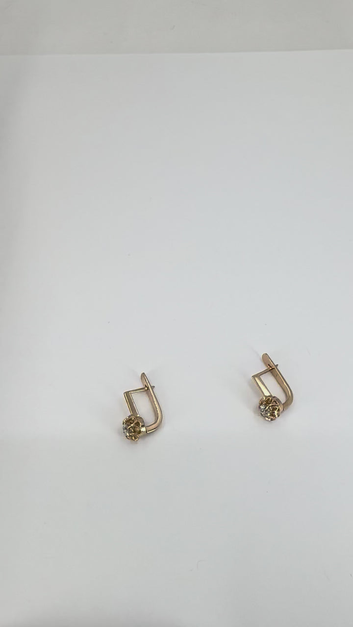Vintage 14k Soviet Rose Gold Diamond Flower Earrings