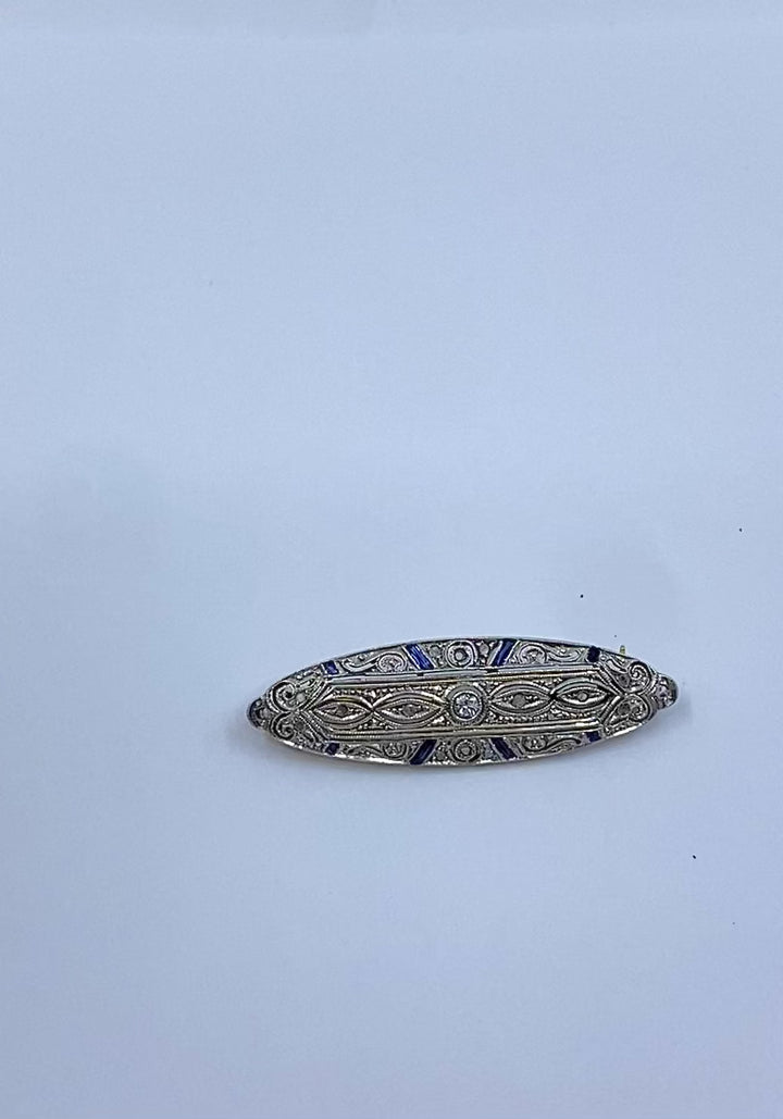 Art Deco 18k Gold Diamond Sapphire Navette Brooch