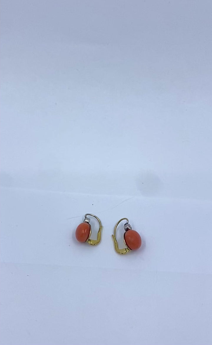 Antique 14k Gold Coral Diamond Accent Drop Earrings