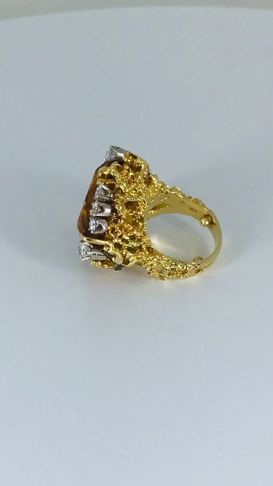 Vintage 18k Gold Citrine Diamond Ring Brutalist Design