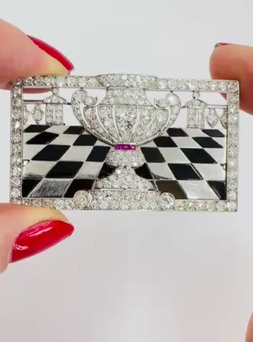 Art Deco Platinum Diamond Brooch Black Onyx Ruby 1920s Vintage Jewelry