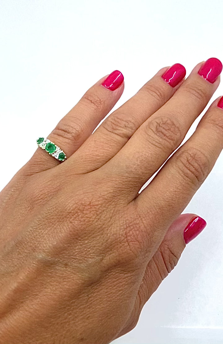 Vintage 9k Gold Emerald Diamond Three-Stone Ring