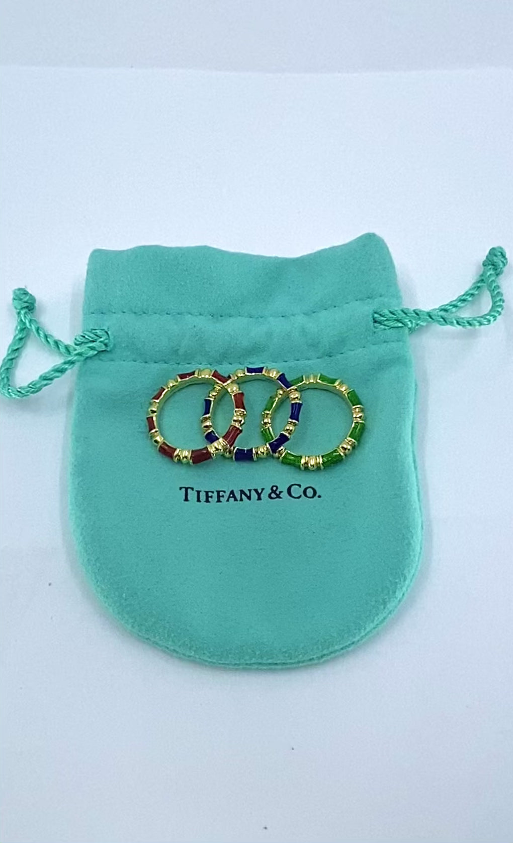 Tiffany & Co. Enamel Bamboo Stacking Rings 18k Yellow Gold Blue Green & Red