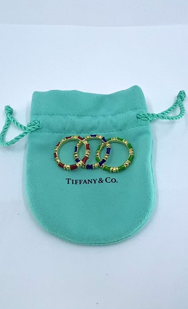 Tiffany & Co. Enamel Bamboo Stacking Rings 18k Yellow Gold Blue Green & Red