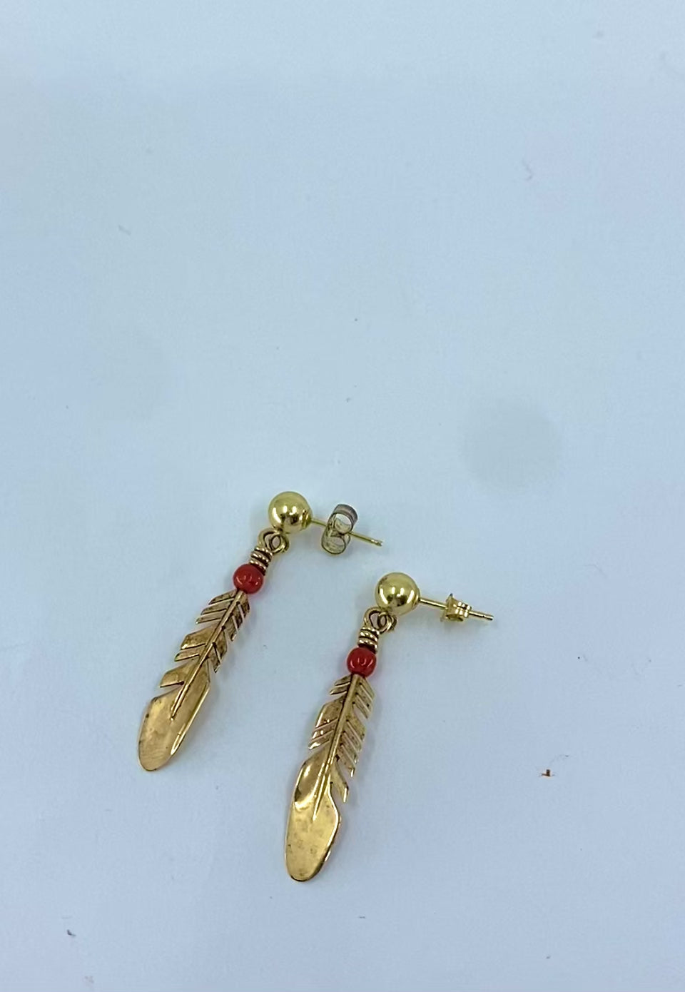 Ray Tracey 14k Gold Navajo Feather Drop Earrings Coral Beads