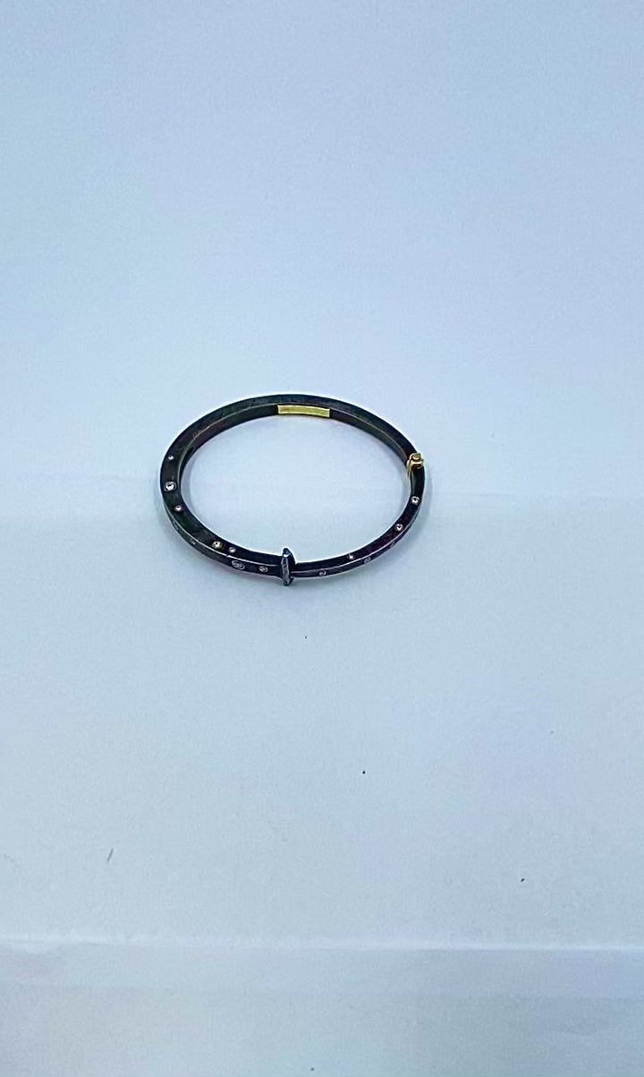 Modern Silver 18k Gold Bangle Bracelet Diamond Accents