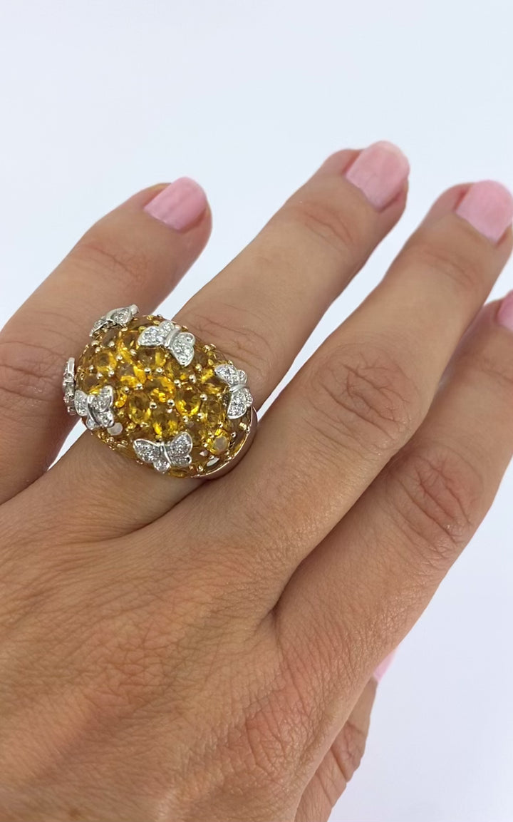14k White Gold Citrine Diamond Butterfly Dome Ring