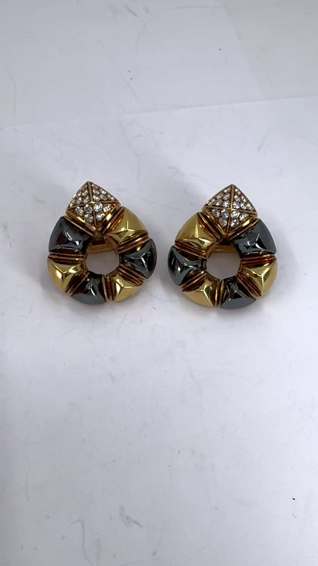 Vintage Bulgari 18k Gold Hematite Diamond Clip Earrings