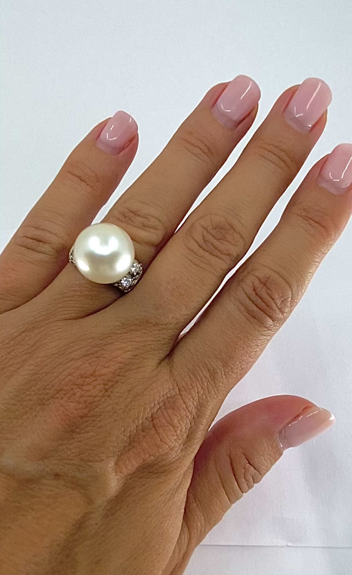 Vintage Pearl Diamond Ring 14k White Gold