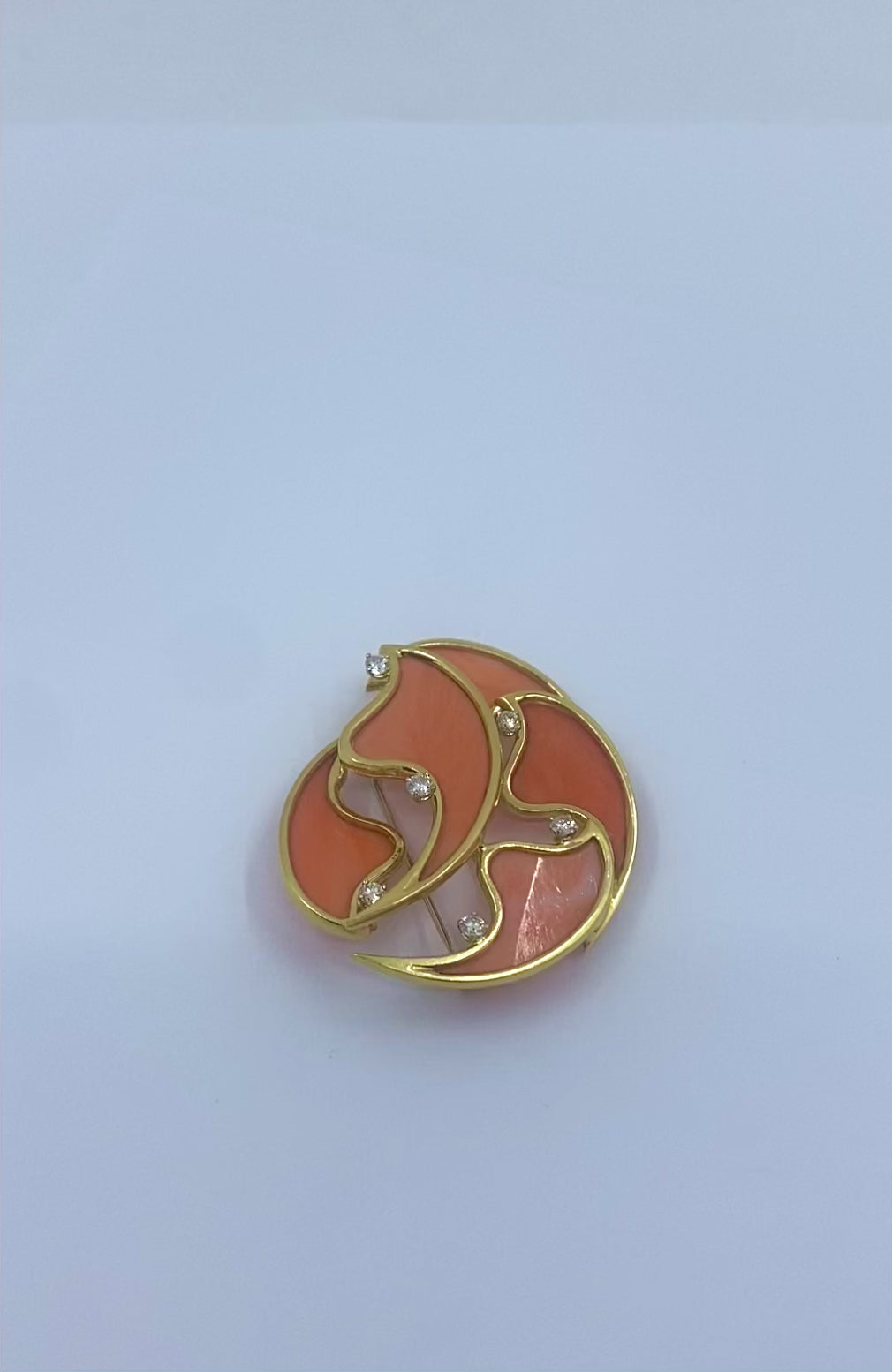 French Vintage Coral Diamond Brooch 18k Gold