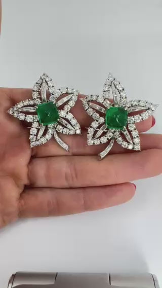 Vintage Platinum Diamond Floral Earrings Sugarloaf Emerald Estate Jewelry