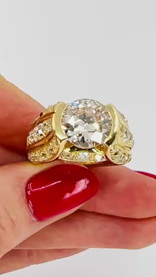 1950s Ring 18k Gold Cocktail Ring Old European Cut Diamond