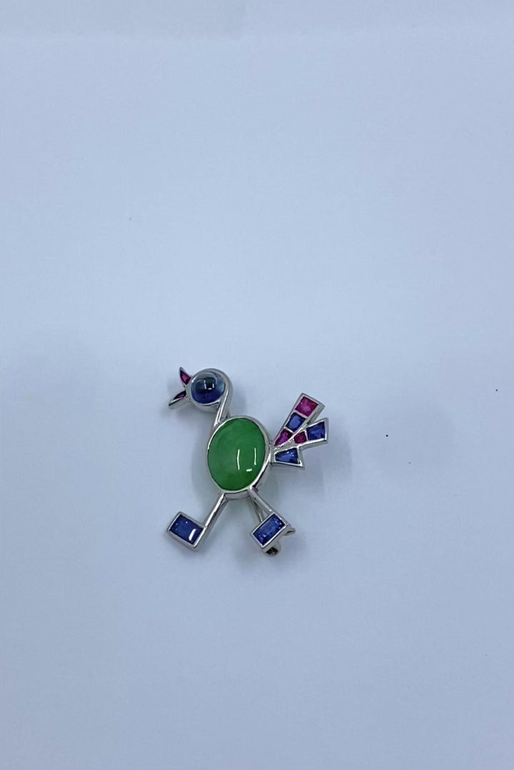 Vintage Modernist 14k White Gold Multigemstone Bird Brooch