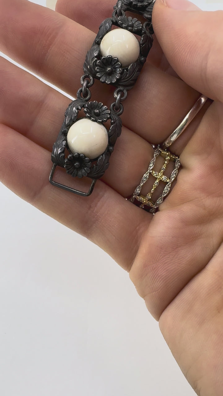 Vintage N.E. From Denmark Sterling Silver Bone Cabochon Bracelet