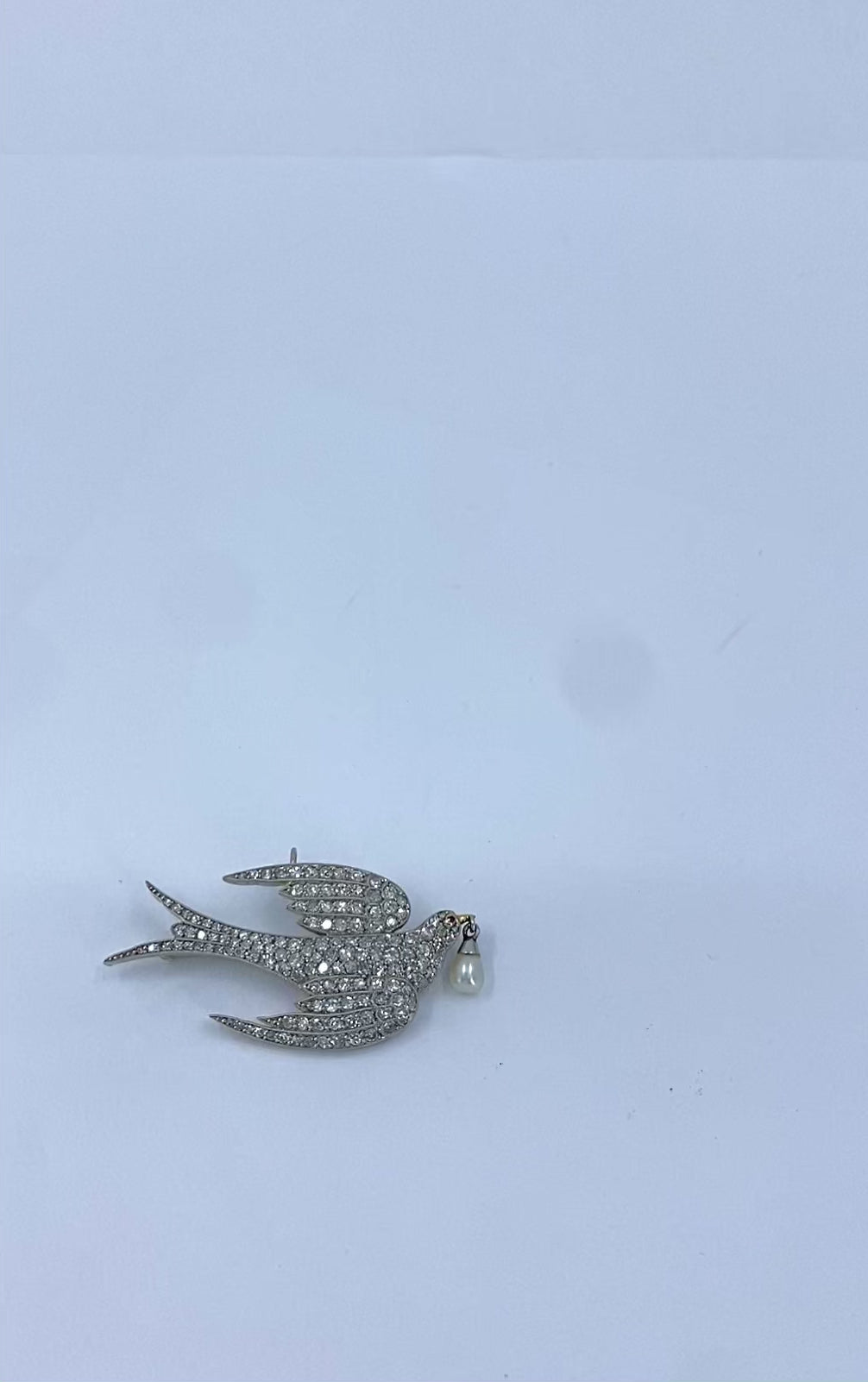 Diamond Pendant Bird Pin with Pearl Drop