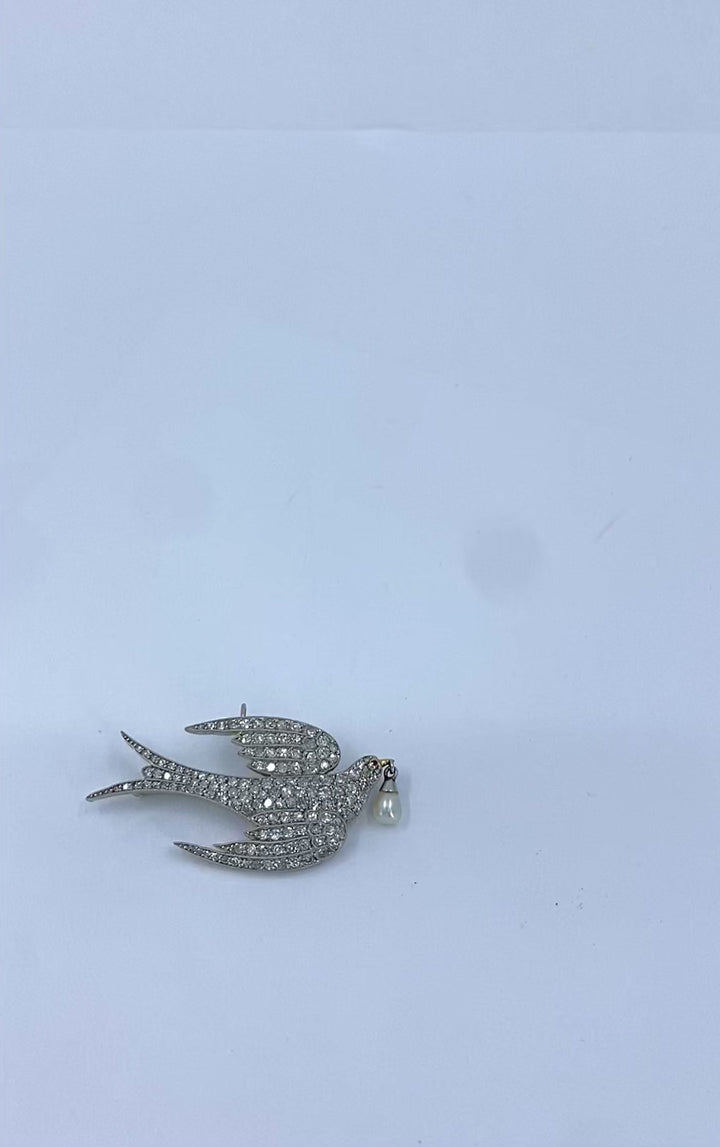 Diamond Pendant Bird Pin with Pearl Drop