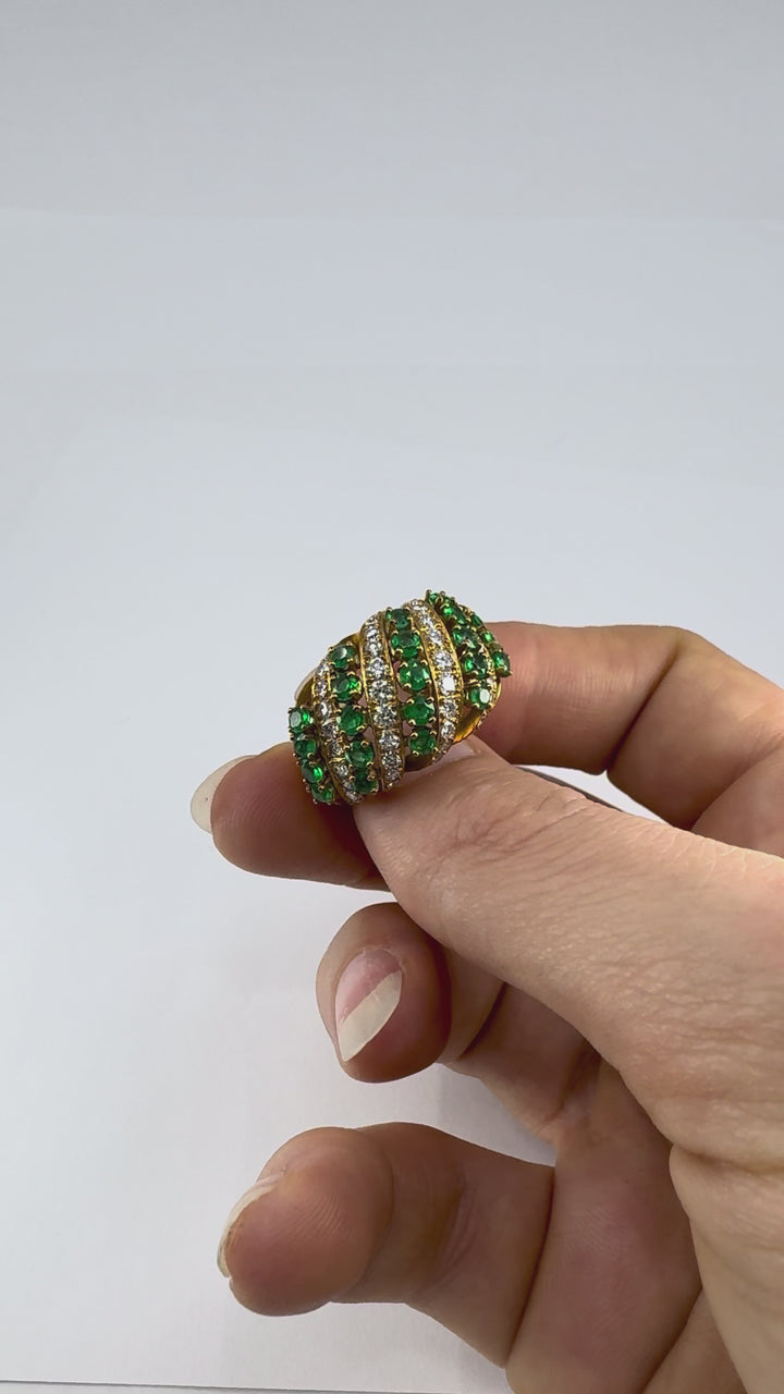 Vintage Asprey & Co. 18k Gold Emerald Diamond Cluster Cocktail Ring