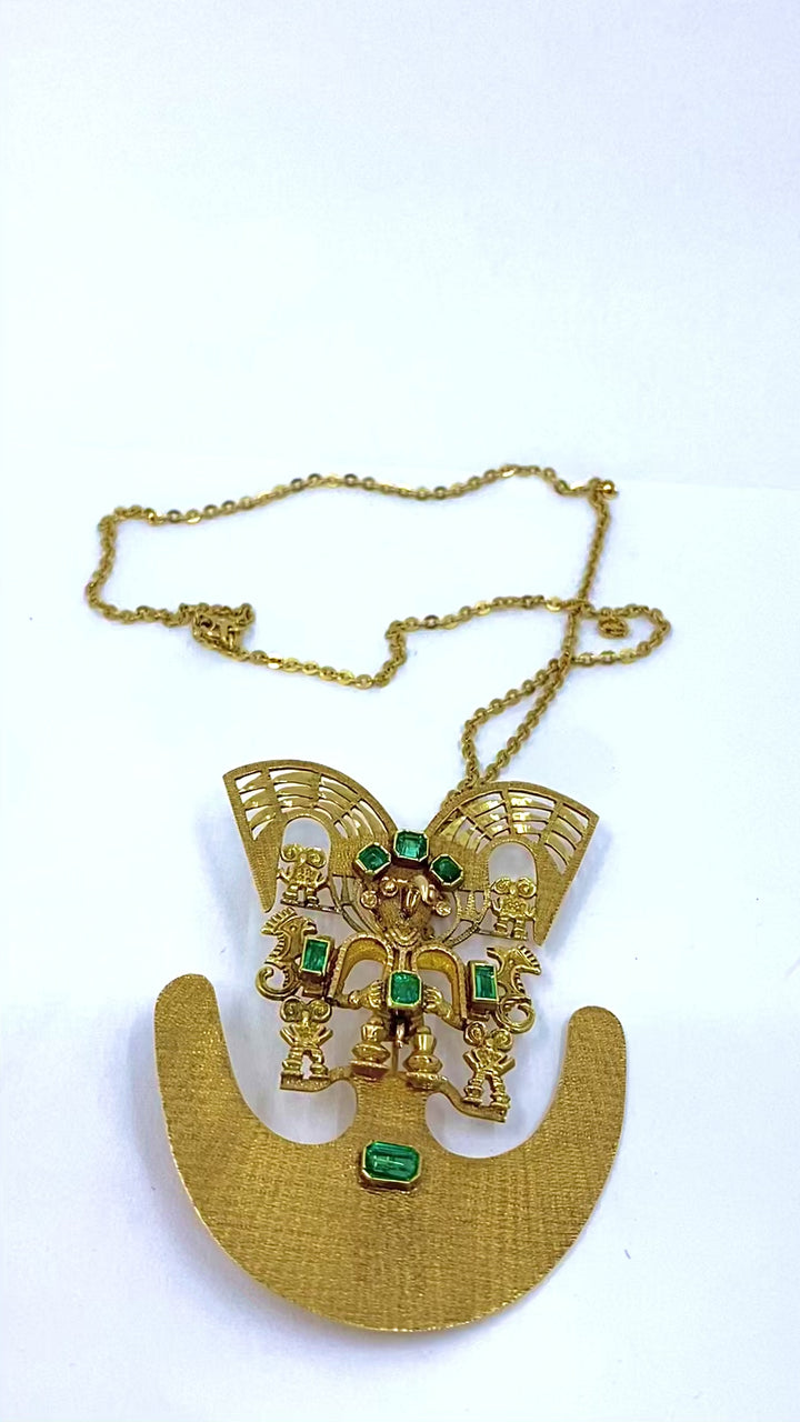 Vintage Pre‑Columbian Revival 18k Gold Emerald Tairona Style Pendant‑Brooch