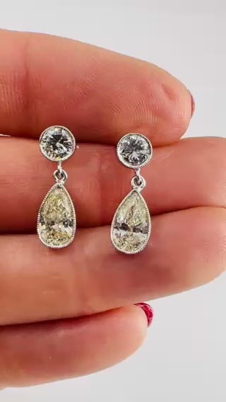 Platinum Drop Earrings Pear Cut Diamond and Round Brilliant Cut