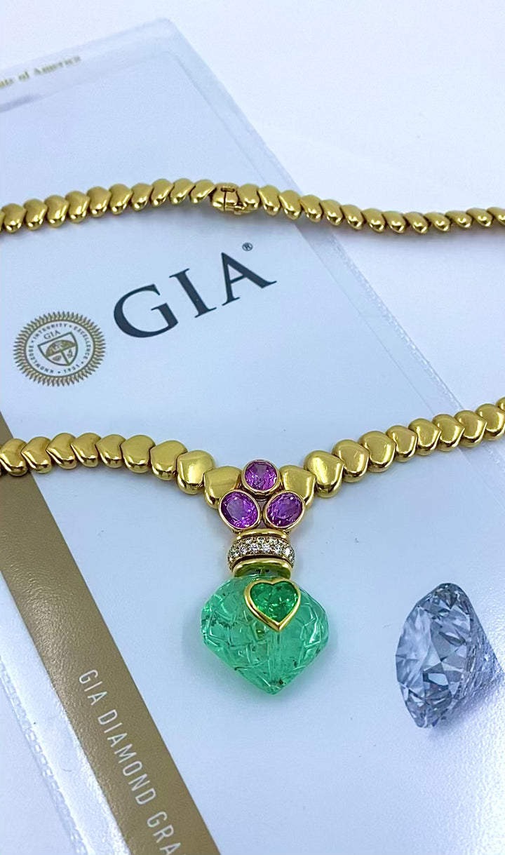 André Vassort 18k Gold Necklace Emerald Heart Pendant GIA
