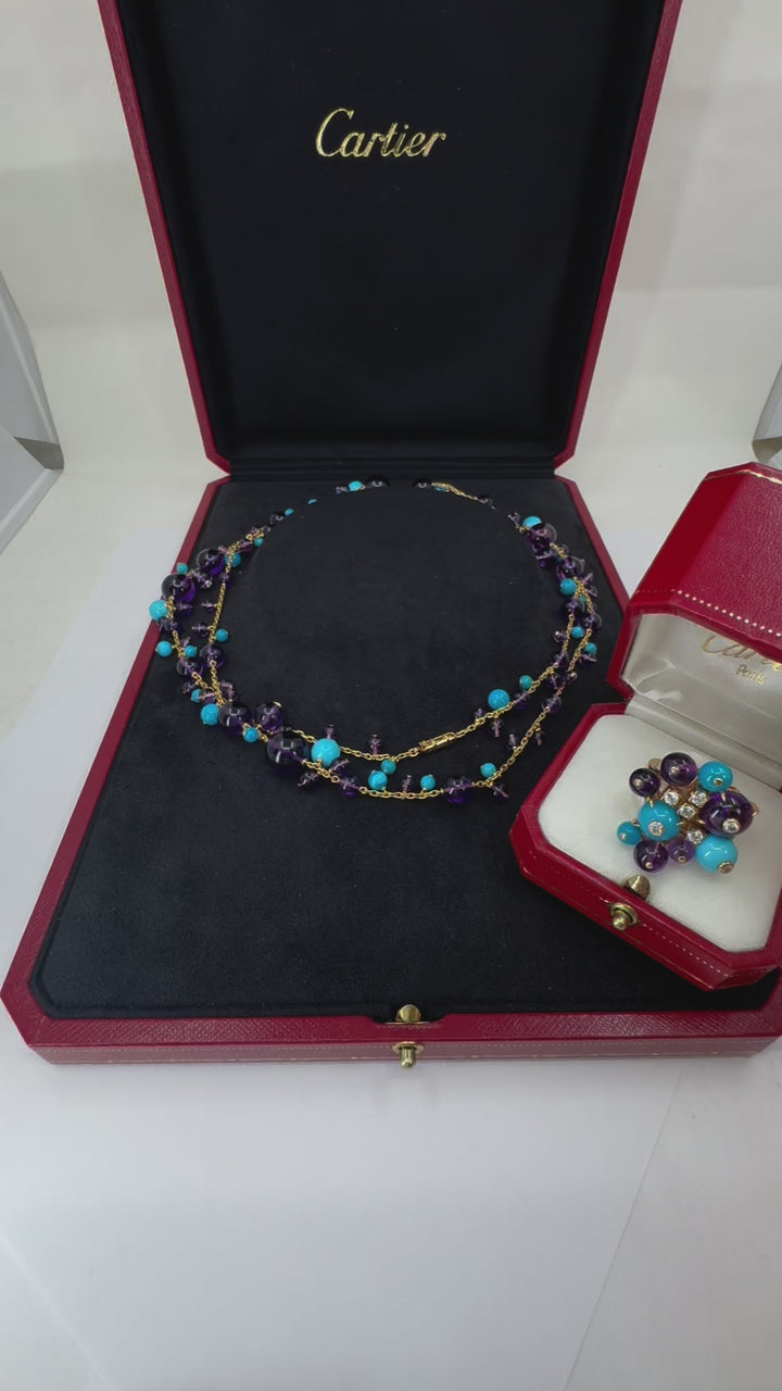 Cartier Necklace & Ring Set 18k Gold Amethyst Turquoise Diamond Box & Cert.