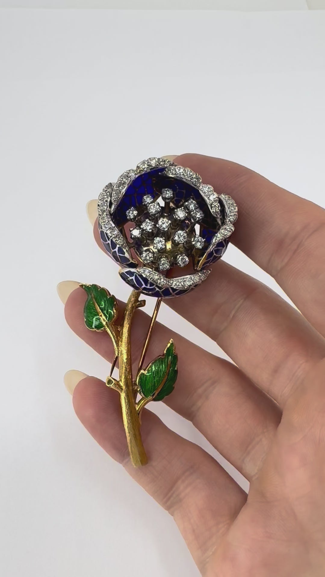 Vintage 18k Gold Diamond Enamel Flower Pendant Clip Brooch