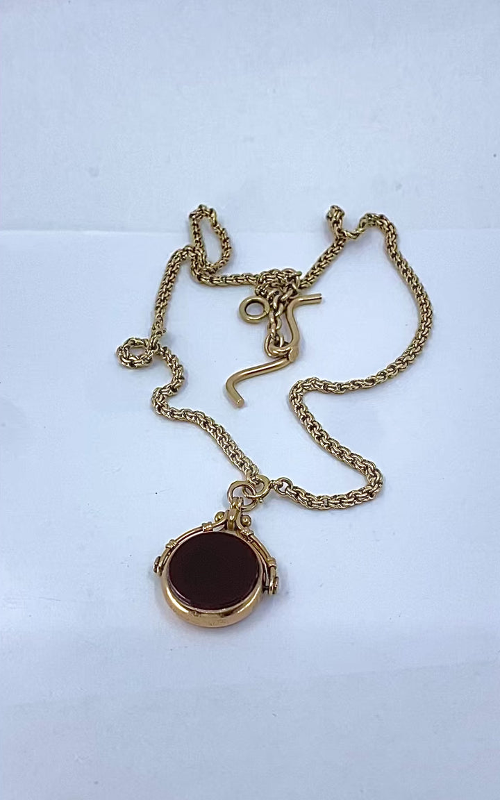 Antique 9k Gold Carnelian Bloodstone Pendant  14k Gold Chain Necklace