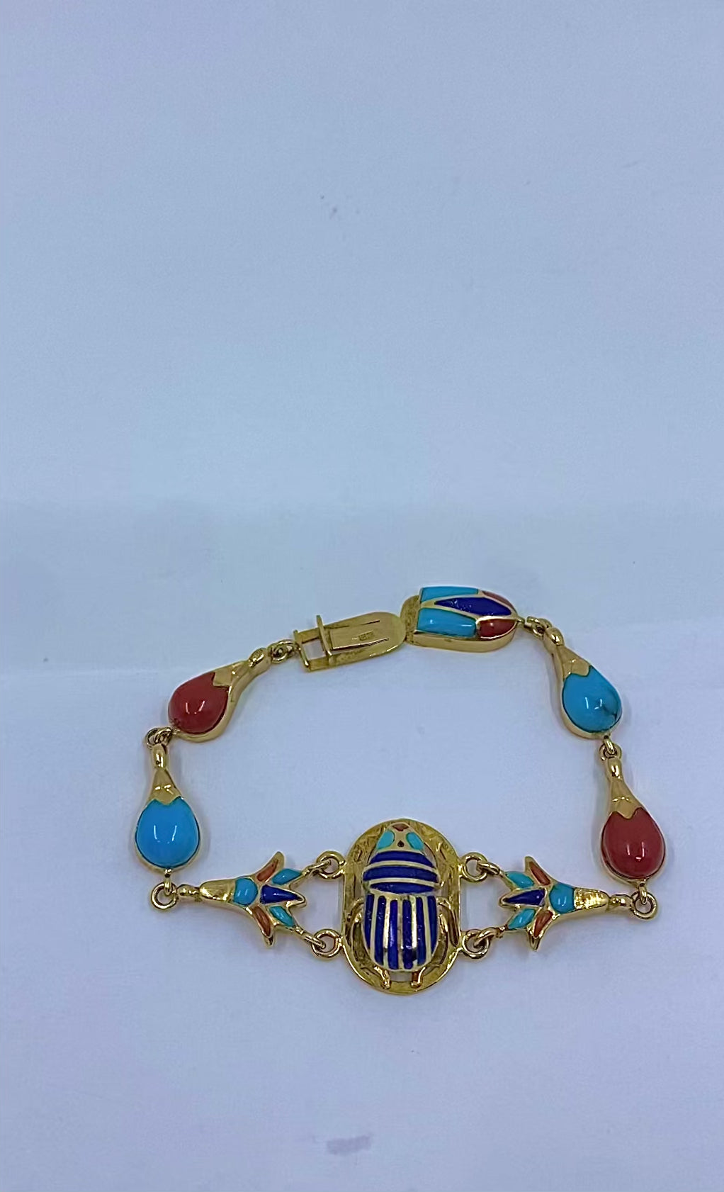 21k Gold Egyptian Revival Scarab Turquoise Coral Enamel Bracelet
