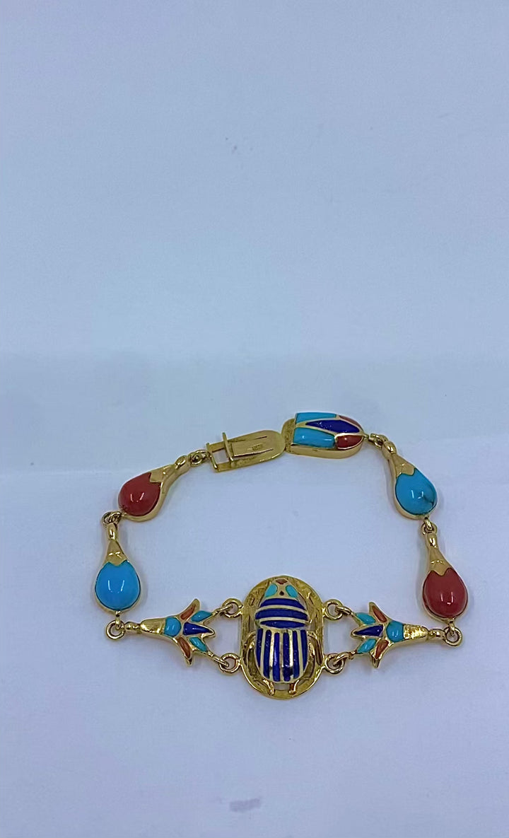 21k Gold Egyptian Revival Scarab Turquoise Coral Enamel Bracelet