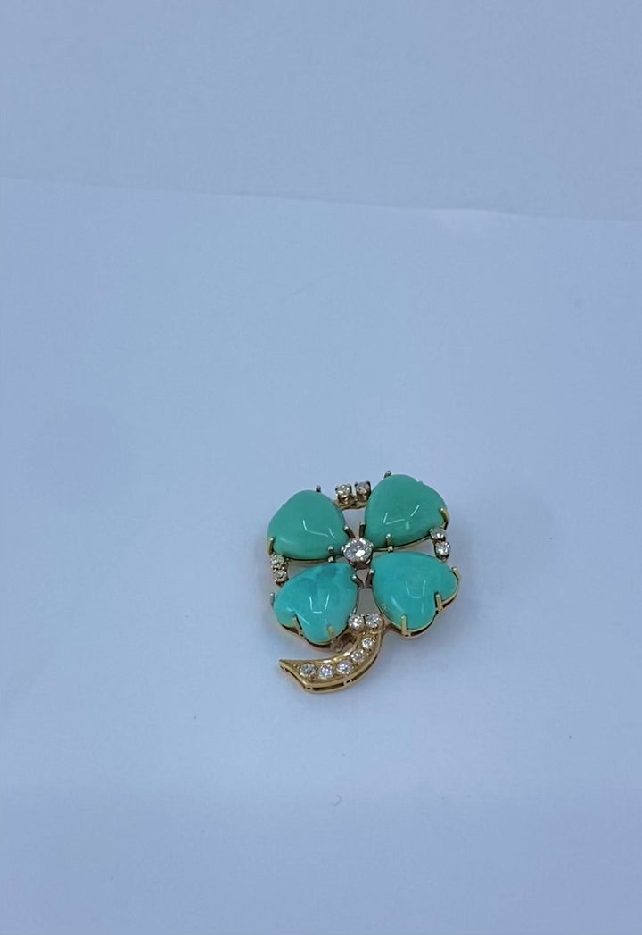 Vintage 14k Gold Turquoise Heart Clover Pendant with Diamonds