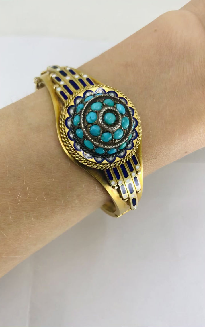 Vintage Turquoise Bracelet Enamel Bangle 14k Gold Silver Accents
