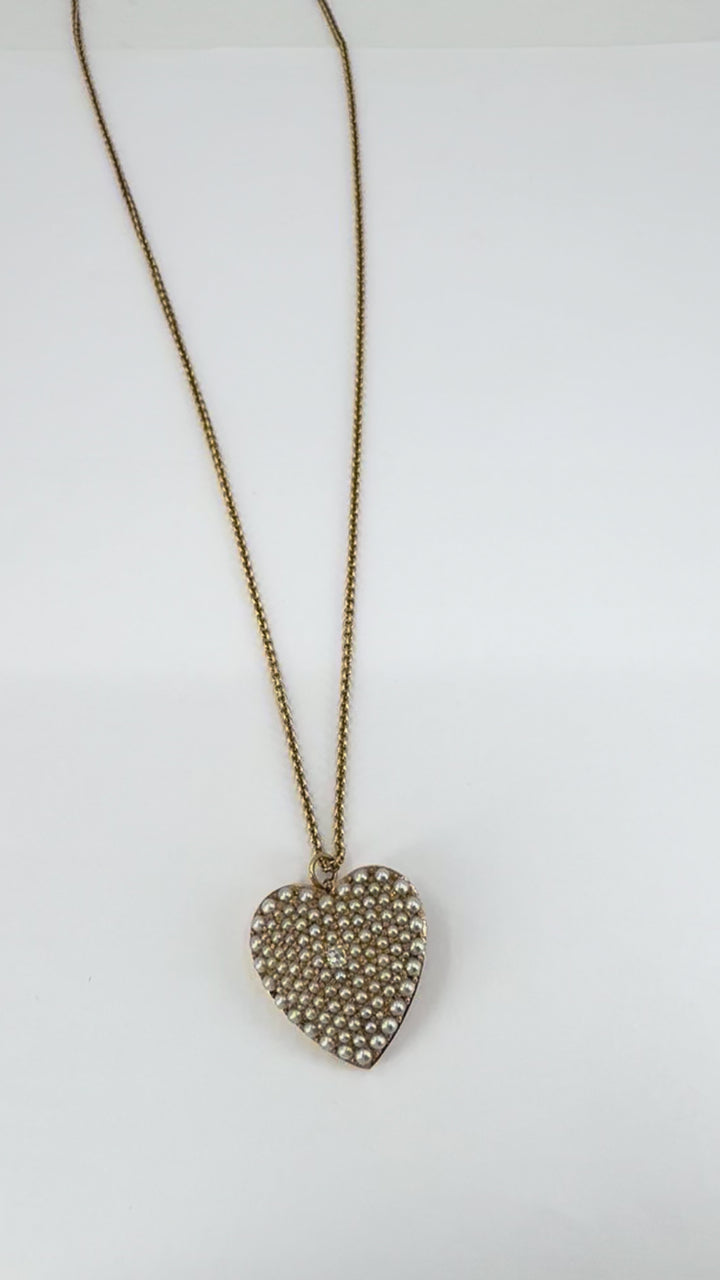 Vintage 14k Gold Diamond Pearl Heart Pendant Necklace