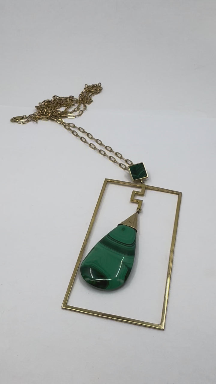 Modernist 10k Gold Malachite Pendant 14k Chain Necklace