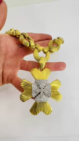 David Webb Necklace Sautoir Chain Oval Links 18k Gold Platinum Diamond Brooch