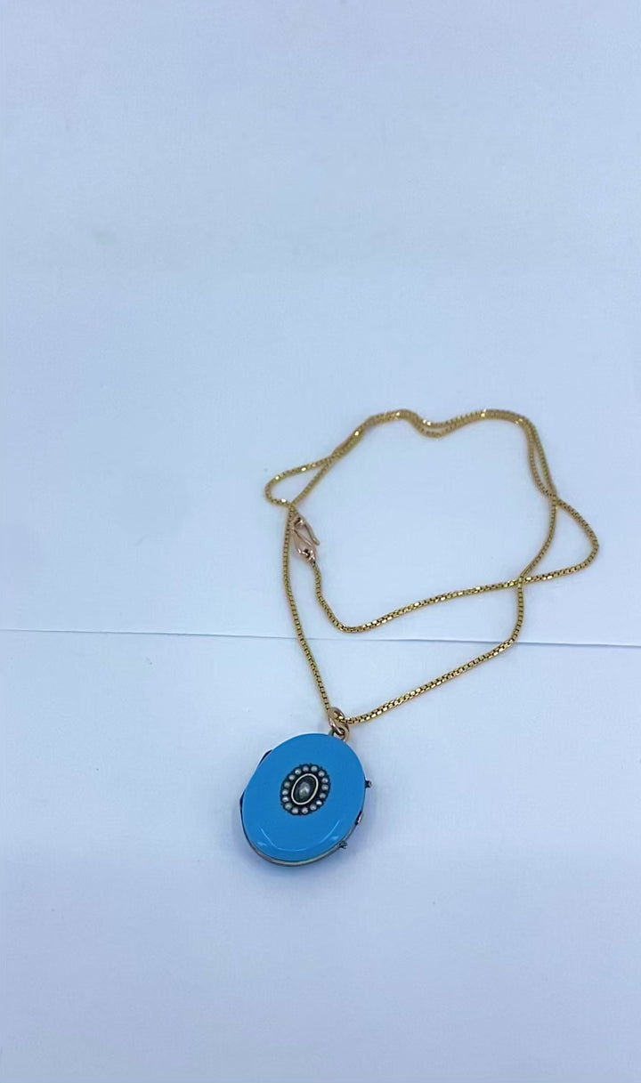 Victorian 14k Gold Necklace Blue Enamel Locket Pendant