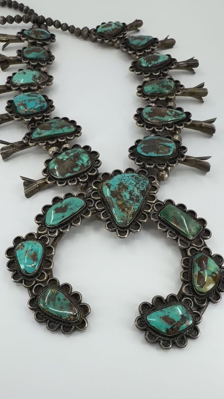 Navajo Sterling Silver Turquoise Signed Squash Blossom Necklace
