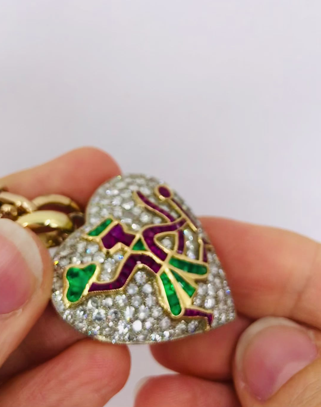 Vintage Heart Pendant Diamond Platinum Indian Mythology Motif 14k Chain