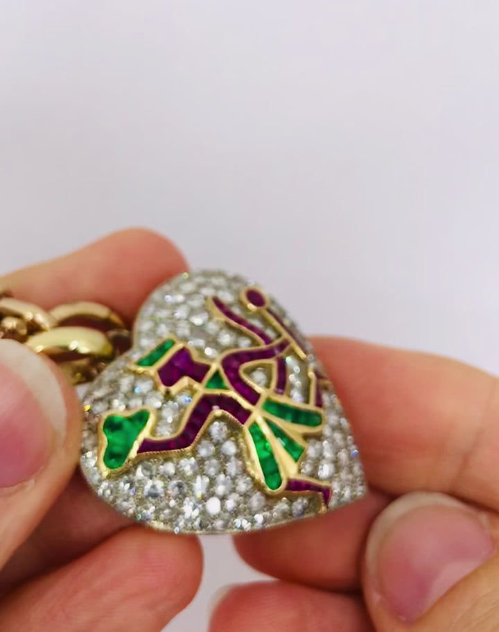 Vintage Heart Pendant Diamond Platinum Indian Mythology Motif 14k Chain