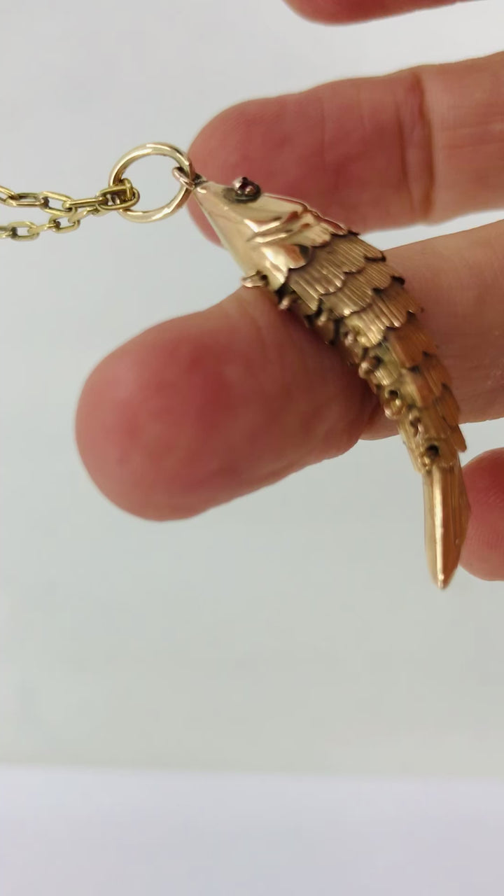 Vintage 14k Gold Fish Pendant 18k Gold Chain Necklace