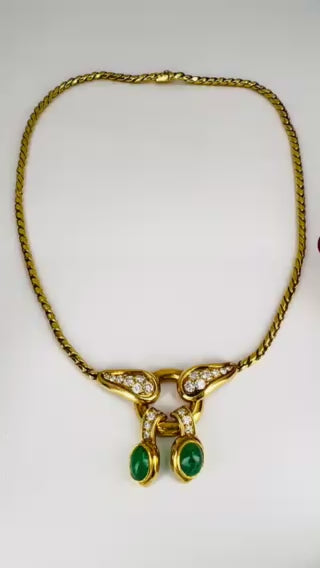 Vintage Rene Boivin 18k Gold Necklace Diamond Cabochon Emerald